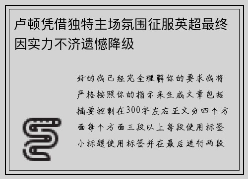 卢顿凭借独特主场氛围征服英超最终因实力不济遗憾降级